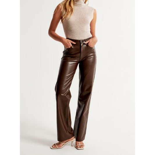 Abercrombie & Fitch Faux Leather Ultra High Rise 90s Straight Leg Pants Brown 31
