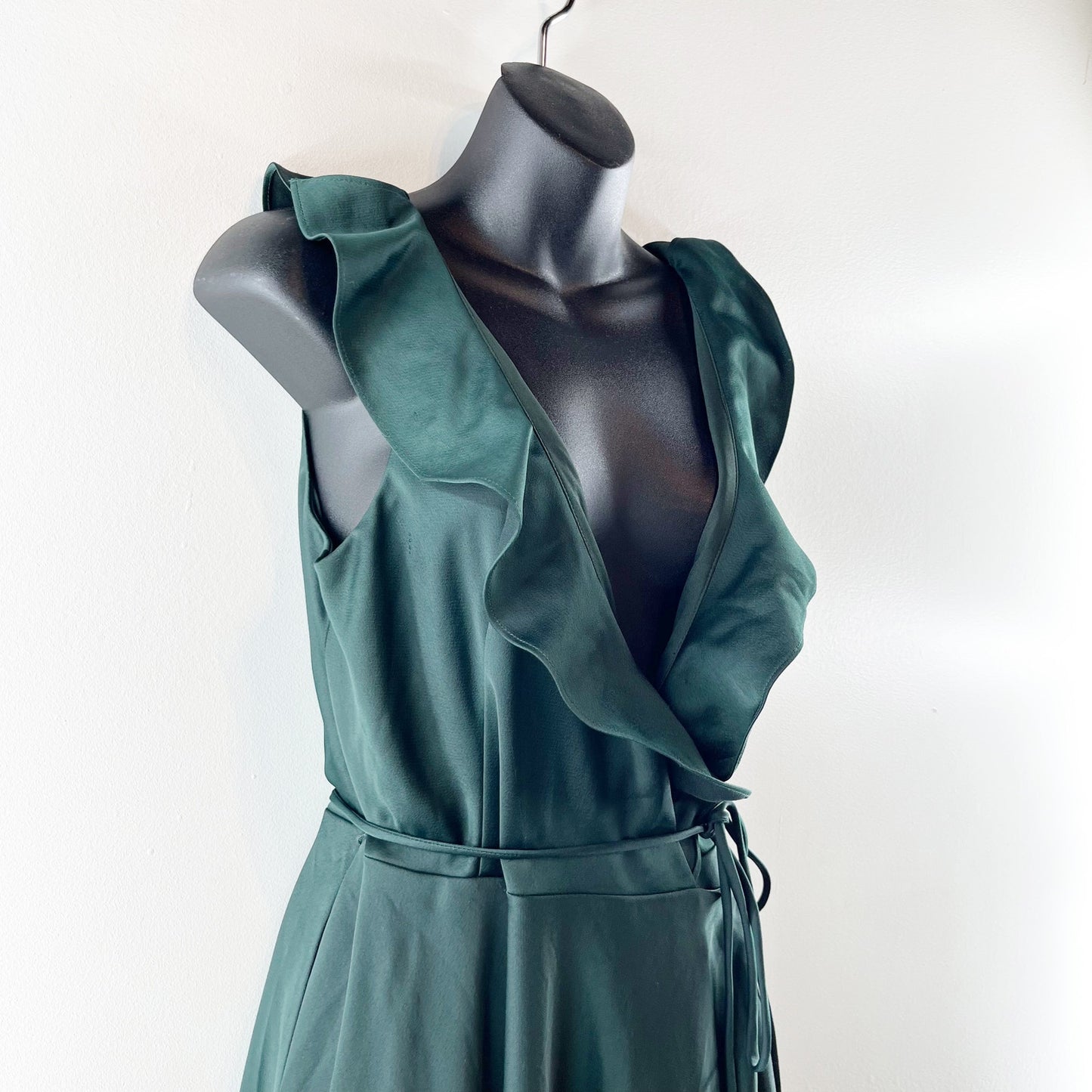 BHDLN Anthropologie Ruffle Wrap Maxi Satin Formal Dress Green 8