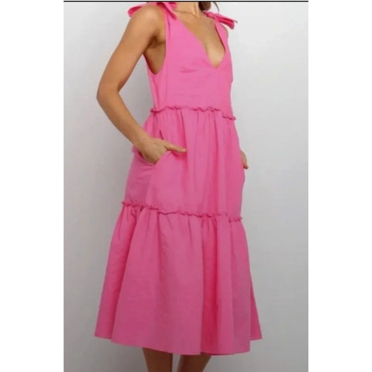 Petal + Pup Erenda Linen Blend Tie-Shoulder Tiered Midi Dress Hot Pink 2