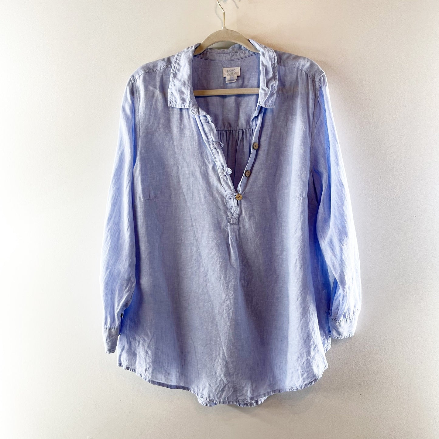 Sigrid Olsen 100% Linen Long Sleeve Collared Popover Tunic Shirt Blue Plus 1X