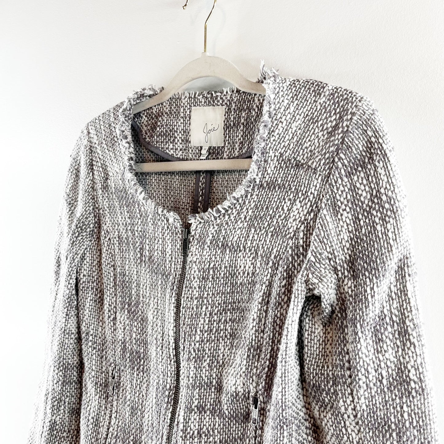 Joie Collins Long Sleeve Raw Cut Full Zip Tweed Blazer Jacket Gray/White Medium