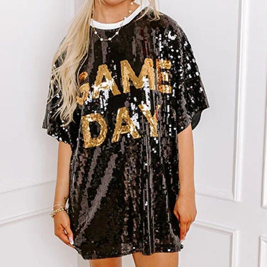 Main Strip Game Day Sequin Short Sleeve Crew Neck Tunic T-Shirt Black Large