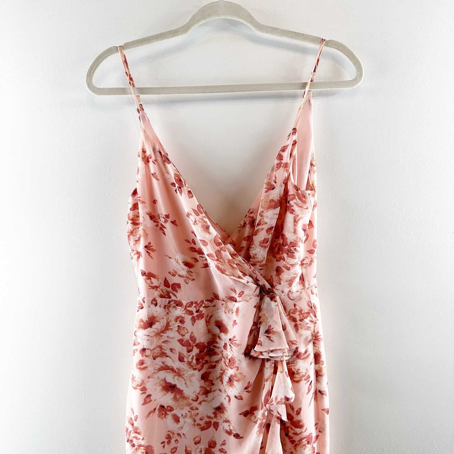 Bardot Floral Ruffle Faux Wrap Midi Slip Dress Pink 6