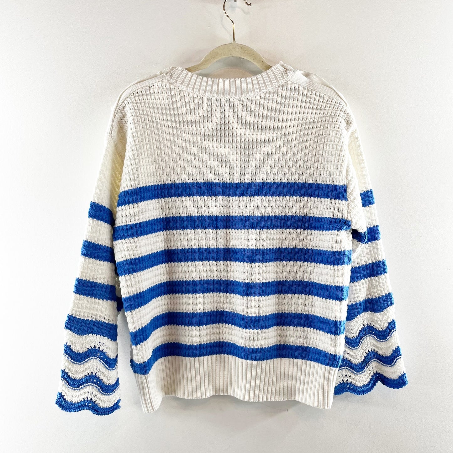 J. Crew Textured Striped Long Sleeve Crewneck Pullover Sweater White Blue Medium