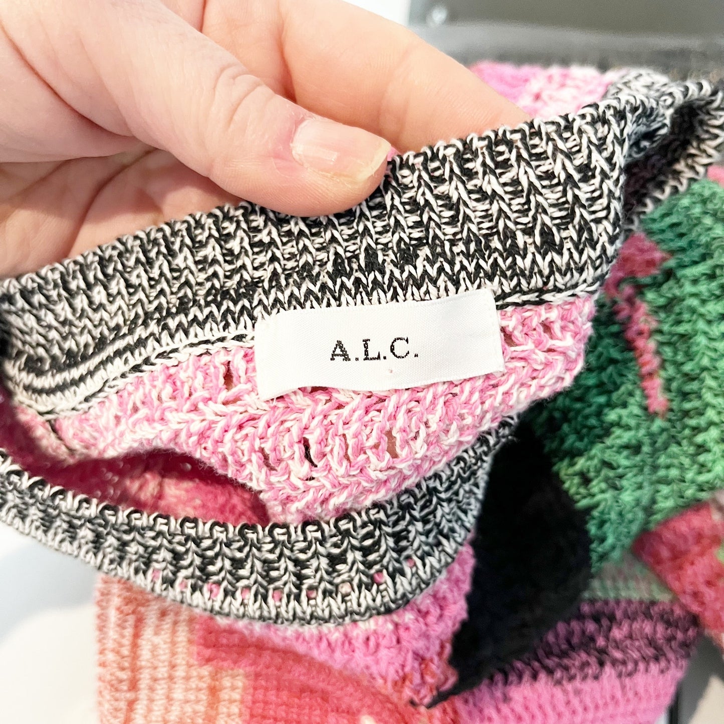 A.L.C Nova Crewneck Balloon Crochet Pullover Sweater Pink Green XS