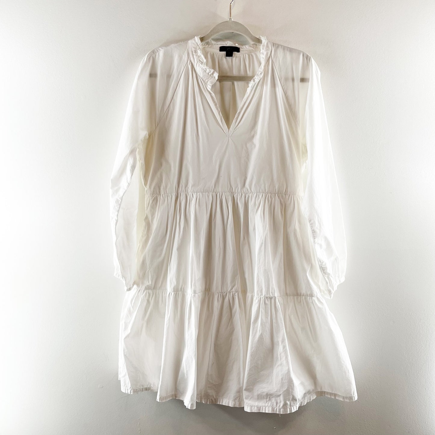 J. Crew 100% Cotton Poplin Tiered Peasant A-Line Boho Mini Dress White Medium