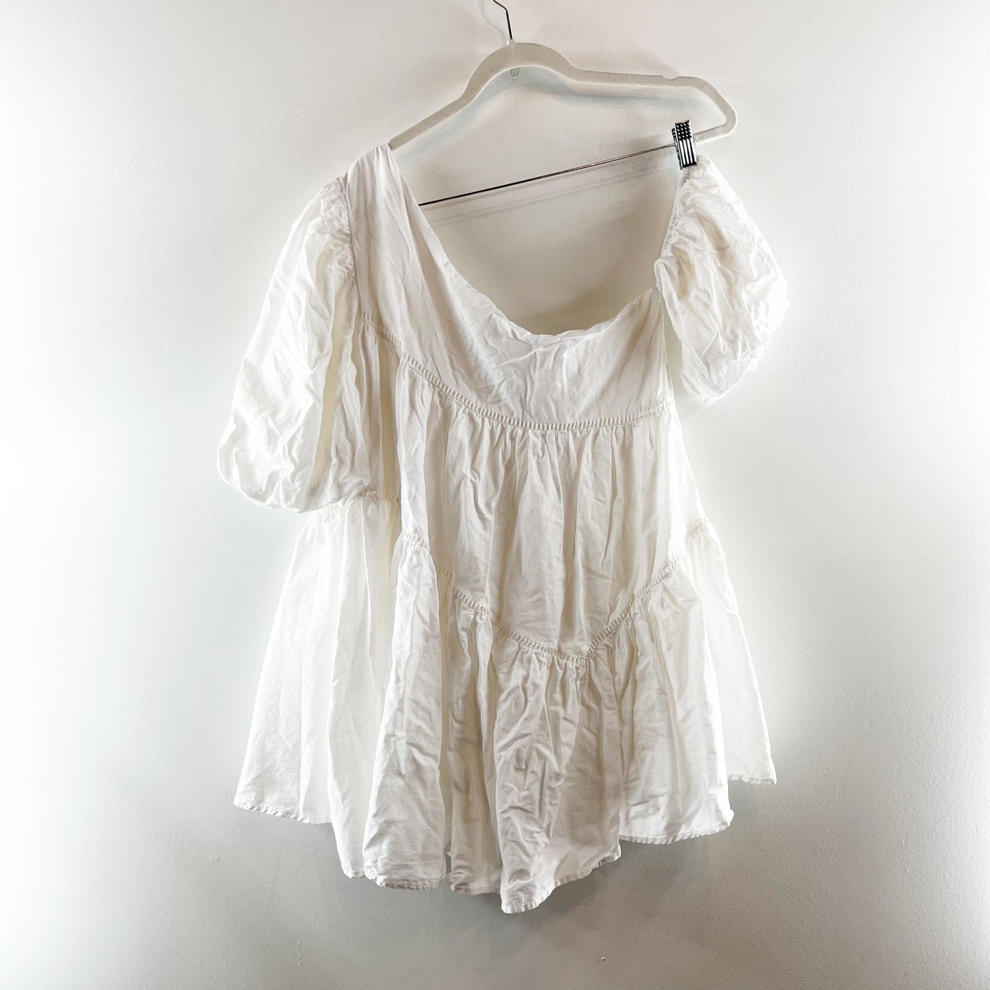 ShowPo Asymmetrical Puff Short Sleeve Off Shoulder Mini Babydoll Dress White 10