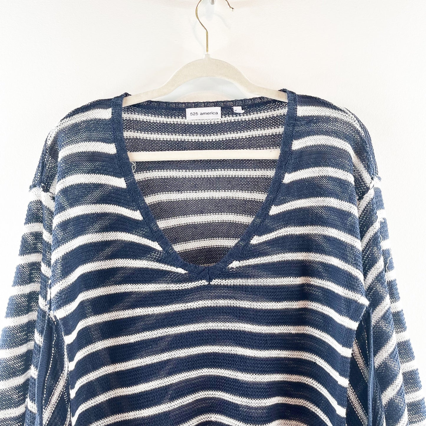 525 America Linen Striped Fringe Trim Poncho Sweater Navy Blue White XS / S