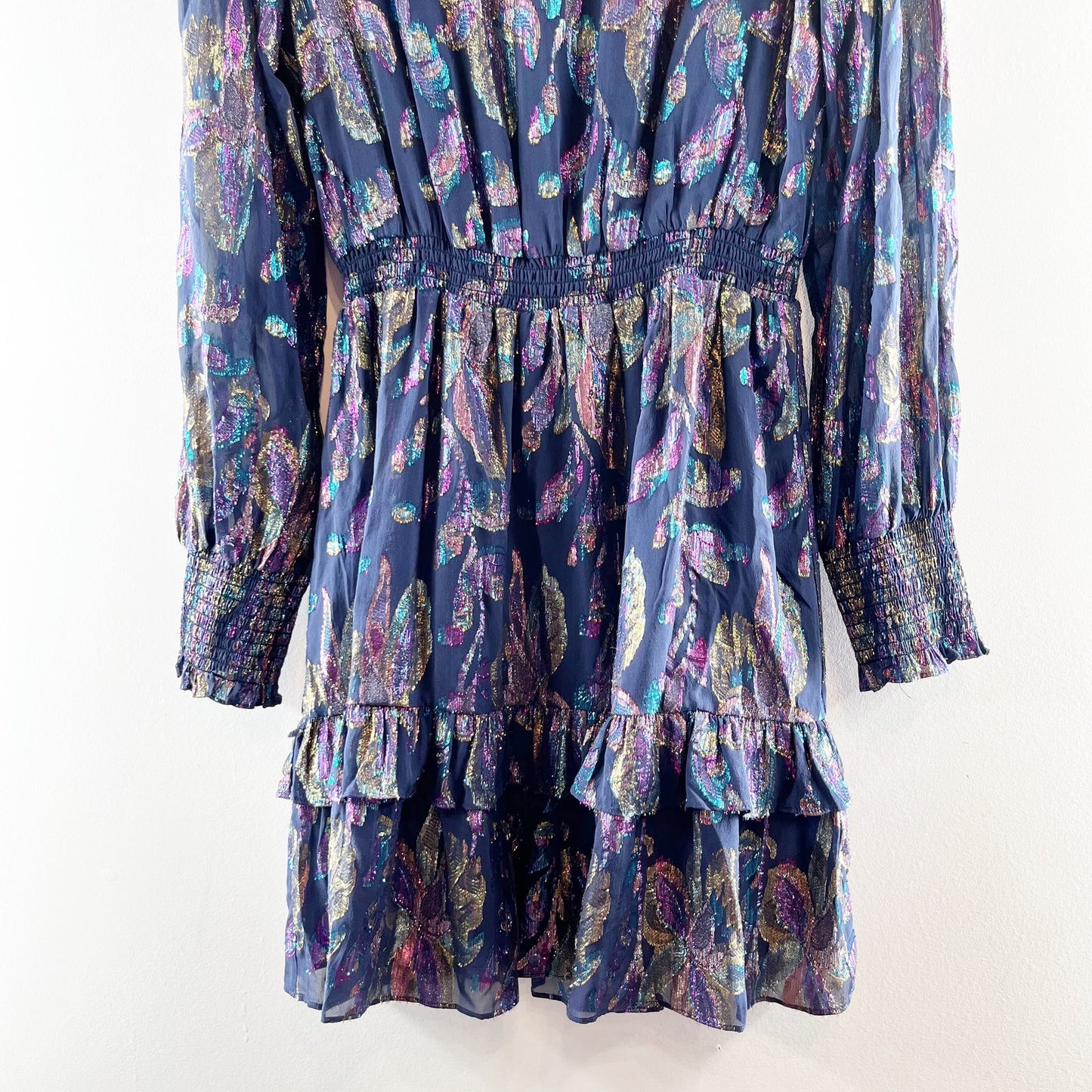 Lilly Pulitzer Dotti Long Sleeve Floral Ruffle Hem Metallic Mini Dress Blue 14