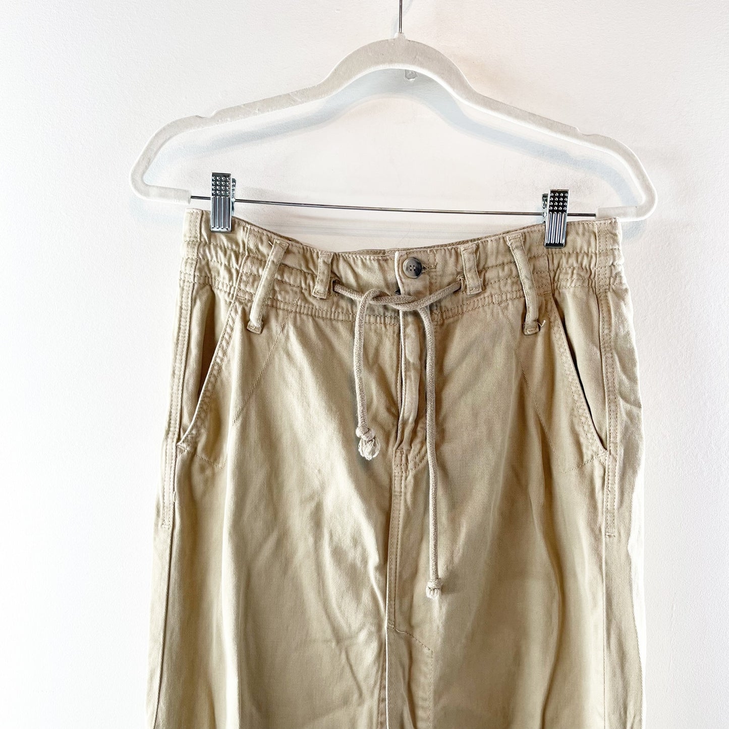 Free People Pull On Drawstring Waist Front Slit Utility Maxi Skirt Beige Tan 2
