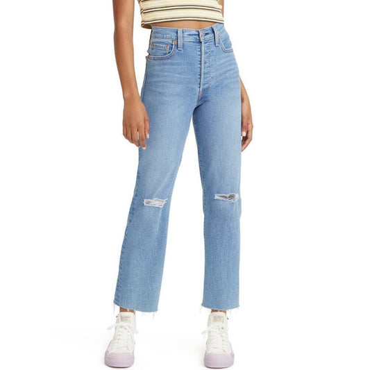 Levi's Ribcage High Rise Straight Leg Distressed Jeans Light Wash Blue 26