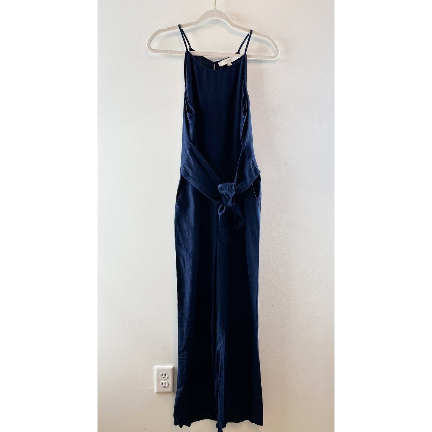 LOFT Square High Neck Tie Waist Linen Blend Wide Leg Jumpsuit Navy Blue 6