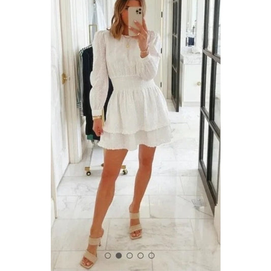 Splendid X Cellajaneblog Long Sleeve Eyelet Smocked Mini Dress White Medium