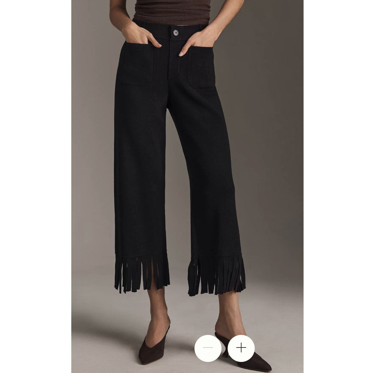Maeve Anthropologie Colette Knit Fringe High-Rise Wide-Leg Cropped Pants Black
