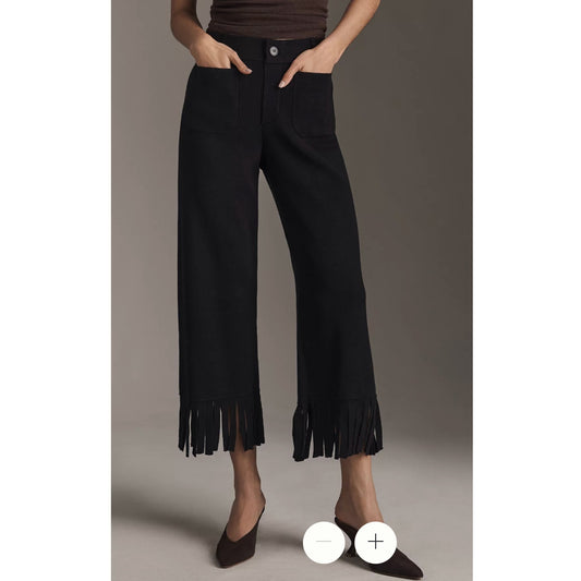 Maeve Anthropologie Colette Knit Fringe High-Rise Wide-Leg Cropped Pants Black