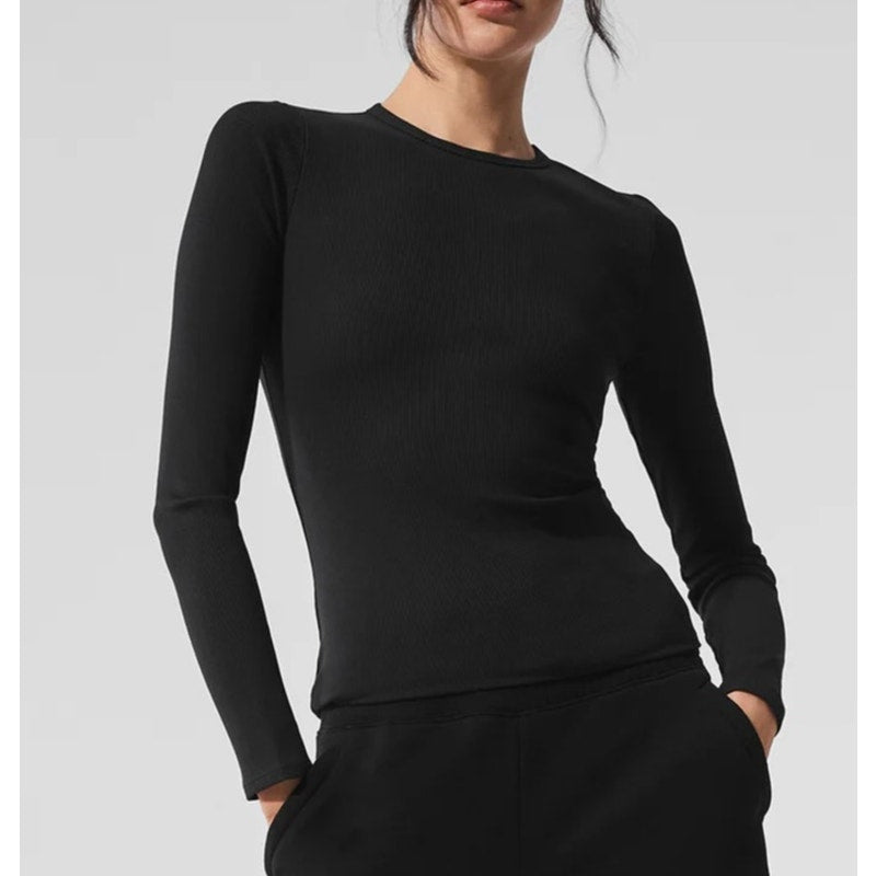 Alo Ribbed Modal Long Sleeve Top Shirt Black Small