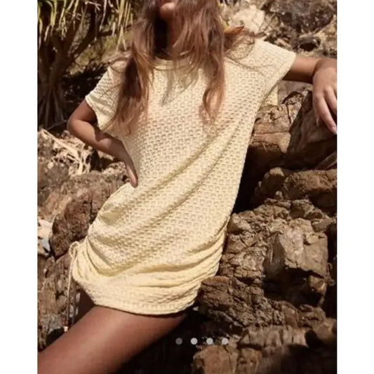Free People Beach Tate Short Sleeve Textured Mini Shirt Dress Butter Yellow XS