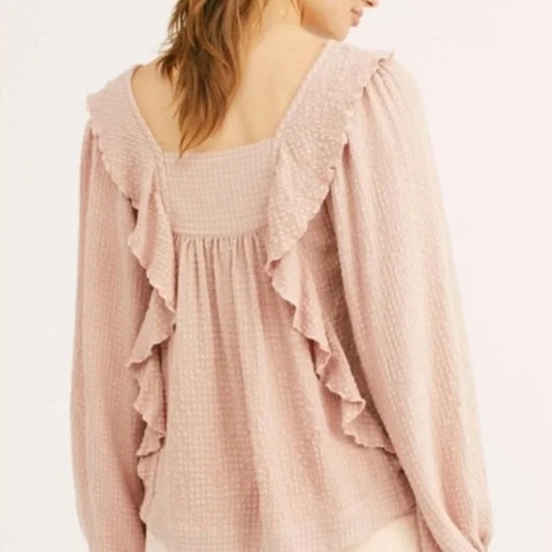 Free People Bonnie Ruffle Long Sleeve Square Neck Blouse Top Pink XS