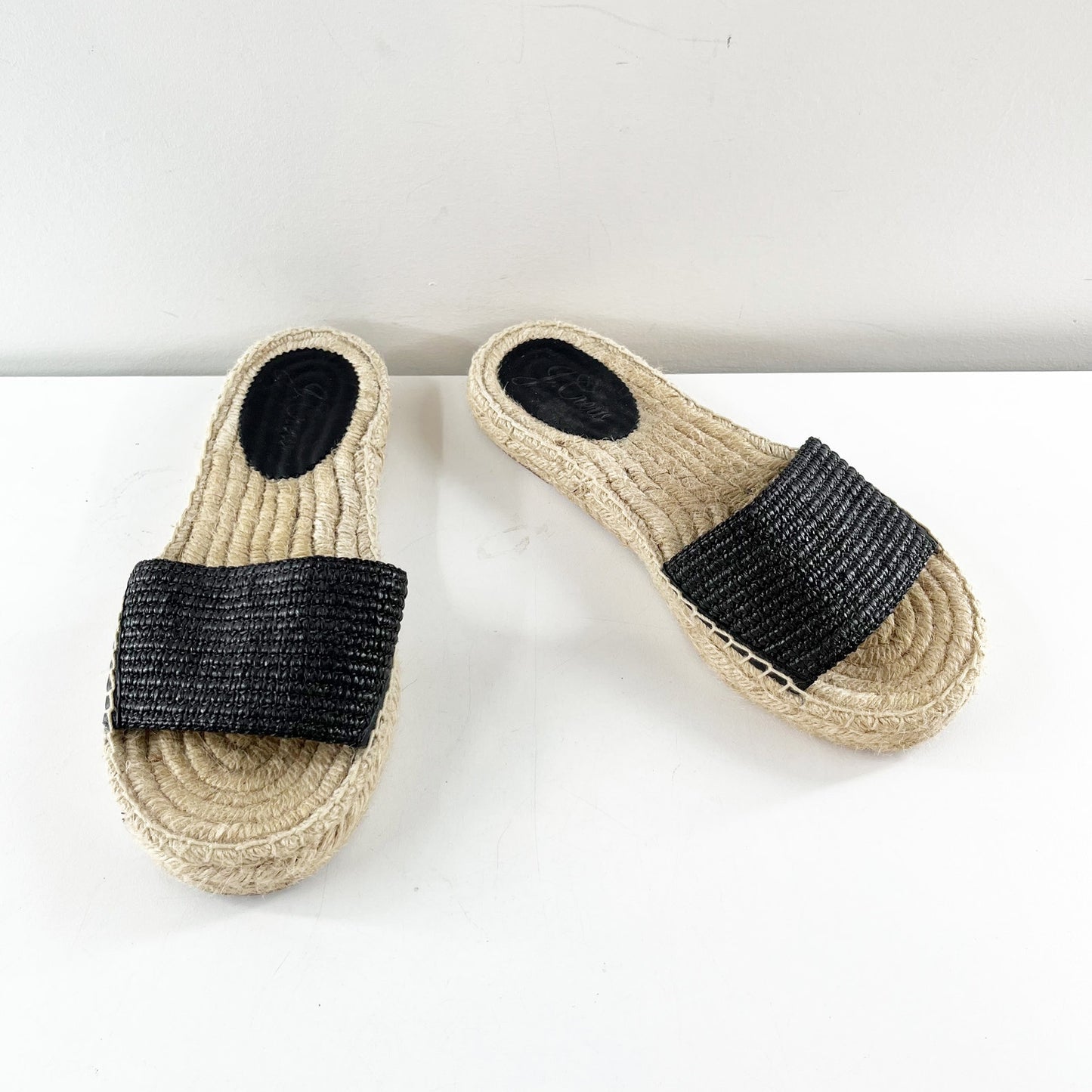 J. Crew Woven Raffia Slip-On Platform Espadrille Slide Sandals Black 9