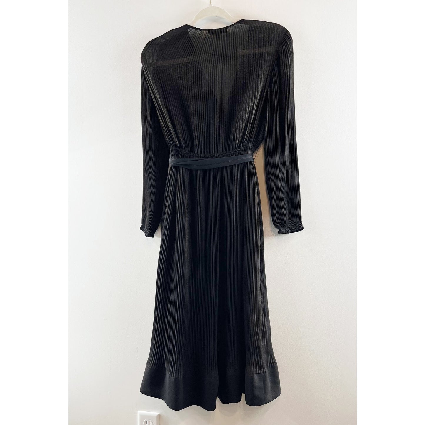 Milly V Neck Long Sleeve Pleated Liv Belted Mini Dress Black 0