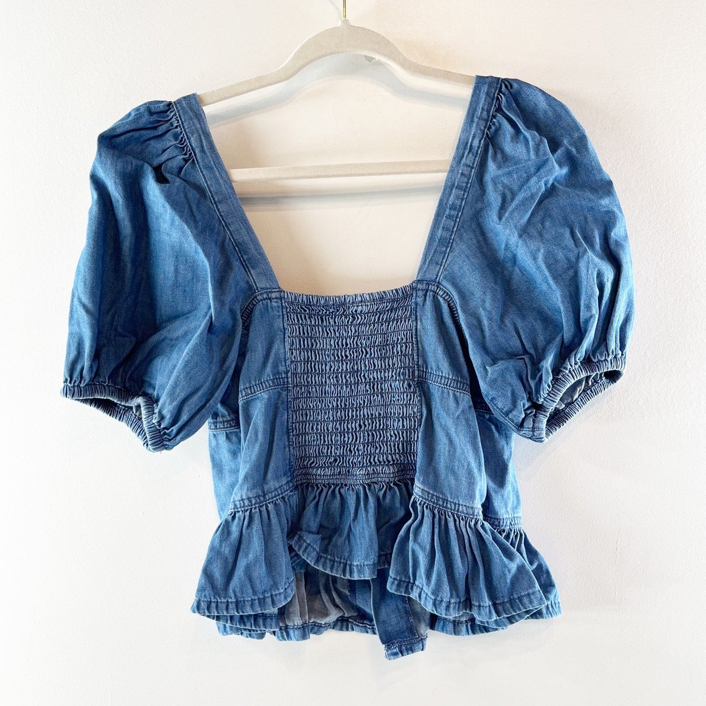 American Eagle Square Neck Puff Short Sleeve Peplum Hem Denim Top Blue Small