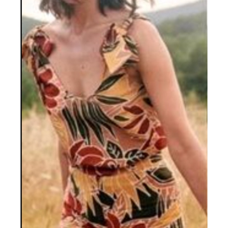 Sezane Tropical Print Scoopneck Tie Strap Linen Cotton Tank Top Yellow 36 / US 4