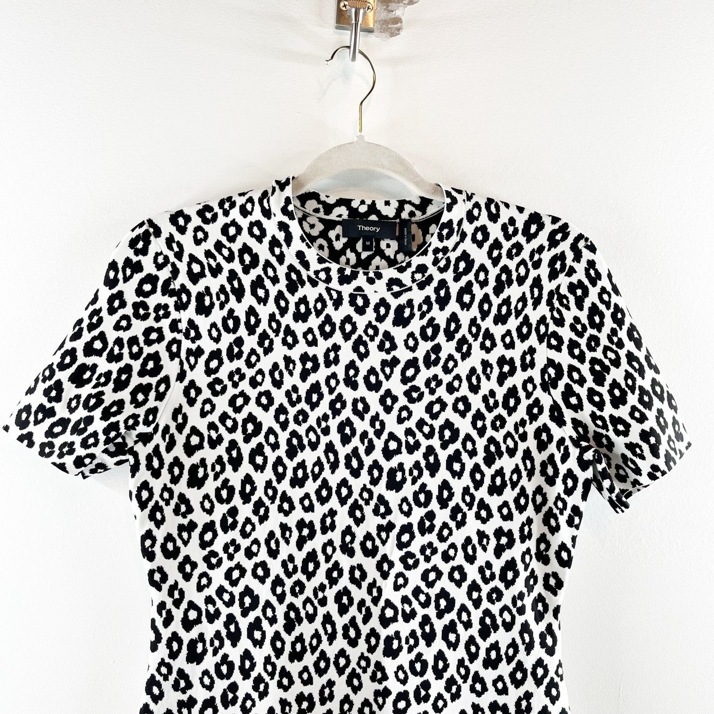 Theory Leopard Print Short Sleeve Round Neck Knit Mini Dress Black/White Medium