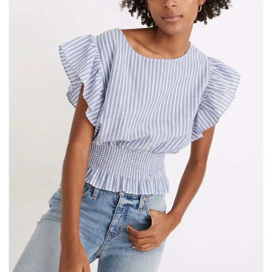 Madewell Flutter Sleeve Smocked Waist Striped Top Blue XL