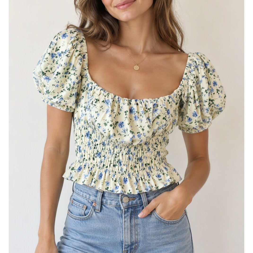 Abercrombie & Fitch Short Puff Sleeve Floral Smocked Crop Tap Yellow Blue Medium