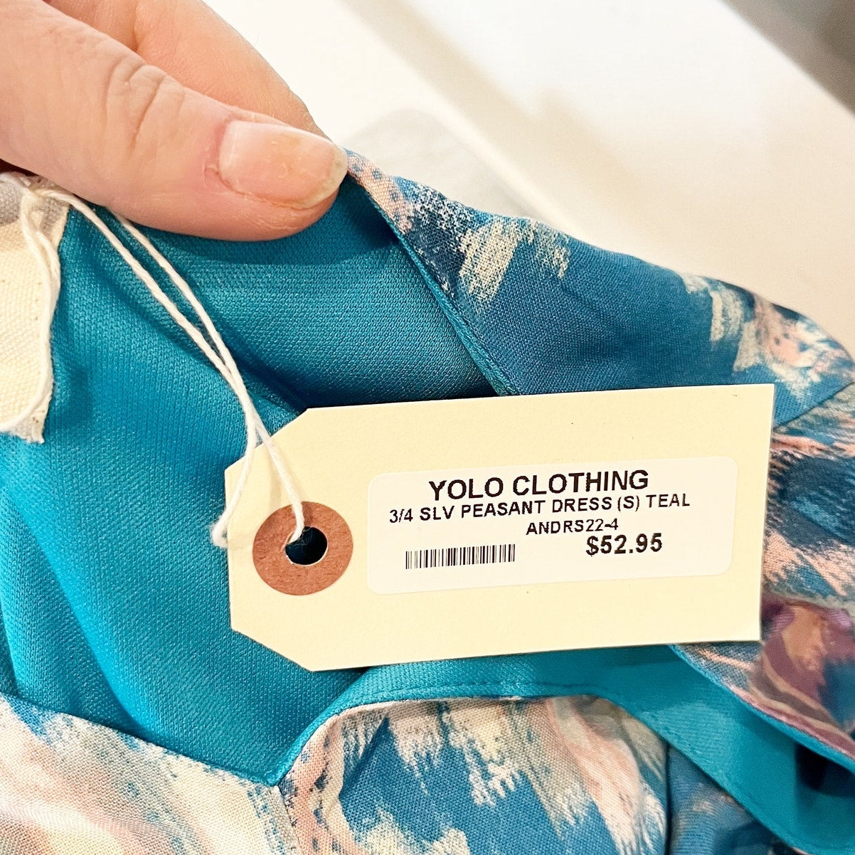 Savanna Jane Printed 3/4 Sleeve Peasant Mini Dress Teal Blue Small