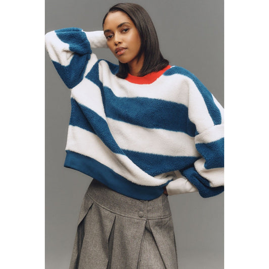 Maeve Anthropologie Cotton Sherpa Fleece Striped Sweater Blue White Medium