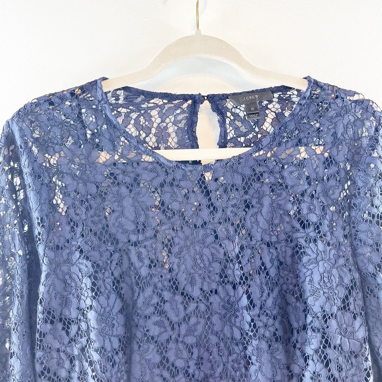 J. Crew Inner Removable Sheer Tank Long Sleeve Frayed Floral Lace Blouse Blue 10