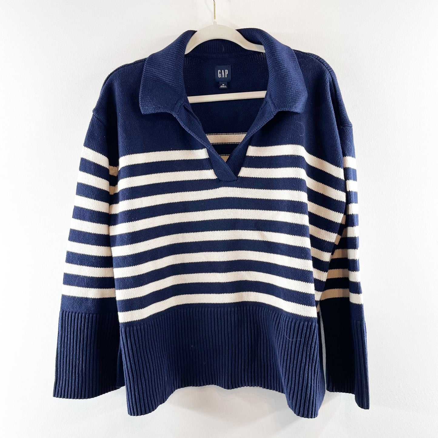 GAP 24/7 Split Hem Striped Long Sleeve Polo Sweater Navy Blue Medium