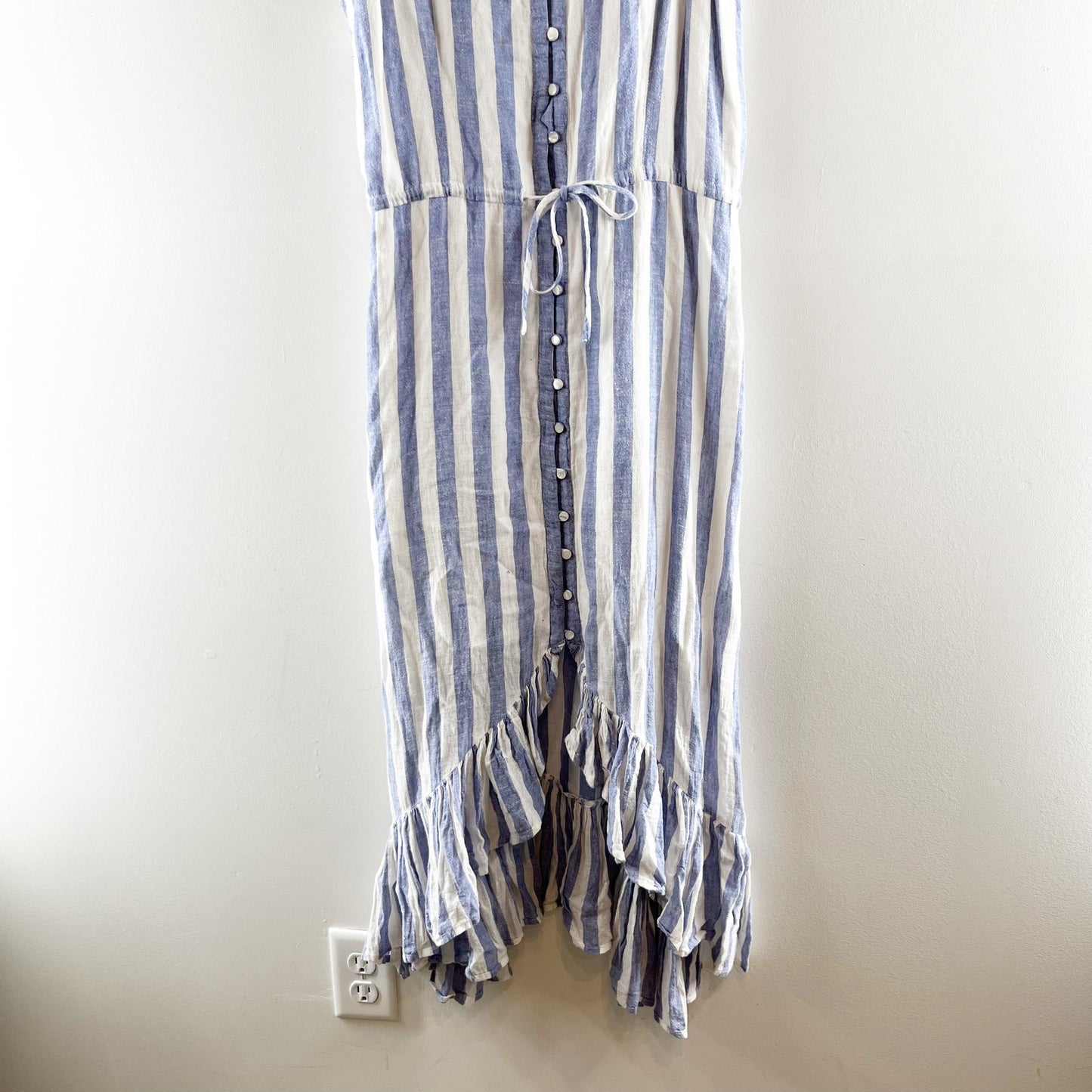 Rails Frida Ciel Striped Linen Ruffle Hem Midi Dress Blue White Medium