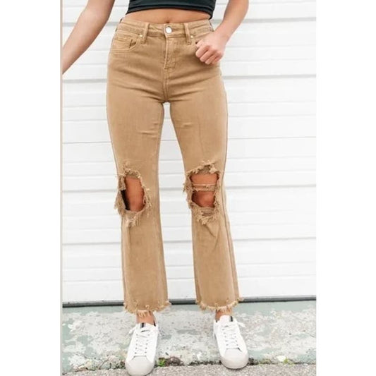 Risen High Rise Distressed Ankle Mini Flare Straight Jeans Tan Brown 28