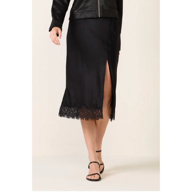 Sanctuary Evereve Satin Midi Slip Skirt with Lace Hem and Slit Black Small