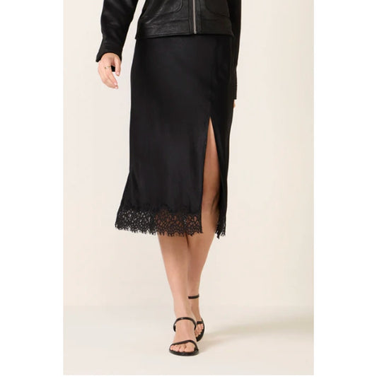 Sanctuary Evereve Satin Midi Slip Skirt with Lace Hem and Slit Black Small