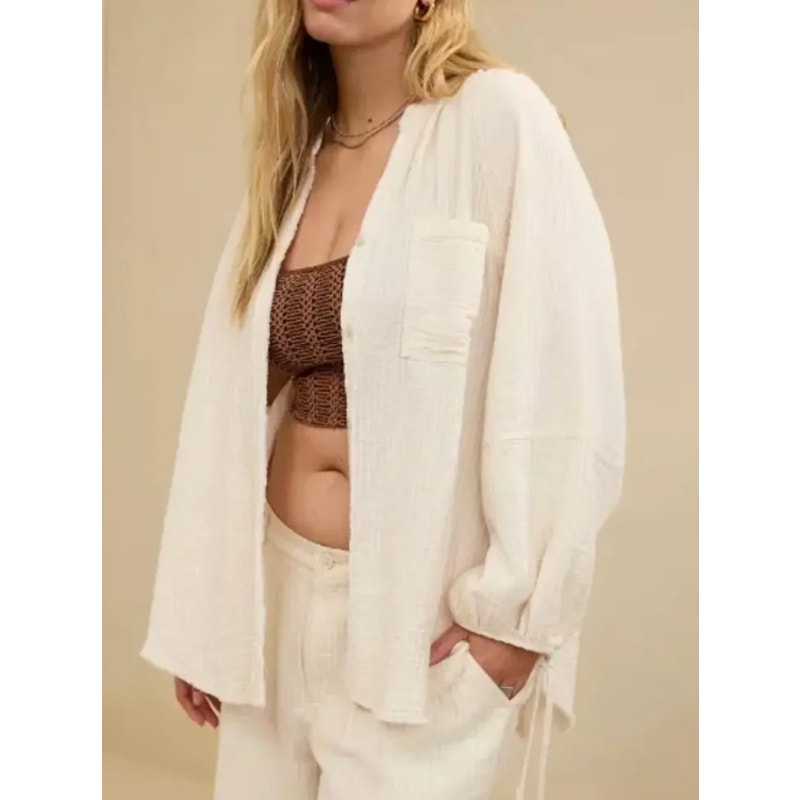 Aerie Daybreak Cover Up Long Sleeve Button Up Gauzy Top Cream Small