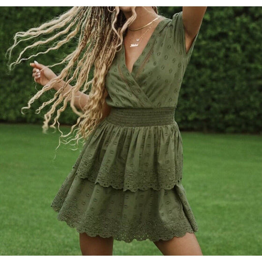 American Eagle Short Sleeve Smocked Waist Tiered Mini Dress Green XS