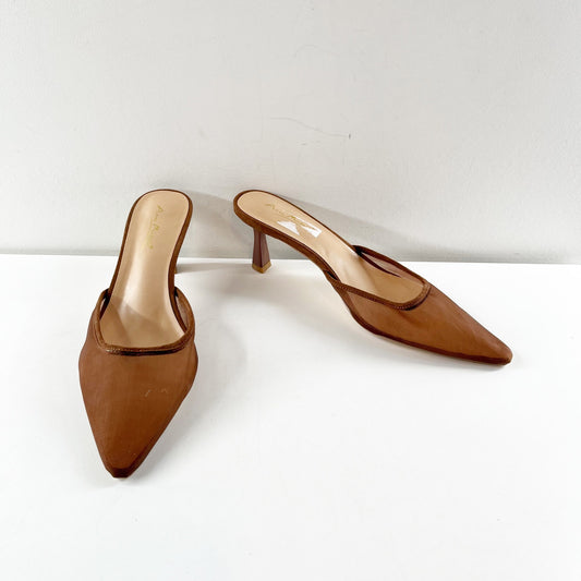 Anne Michelle Scarlet Pointed Toe Mesh Mule Kitten Heel Shoes Brown 9