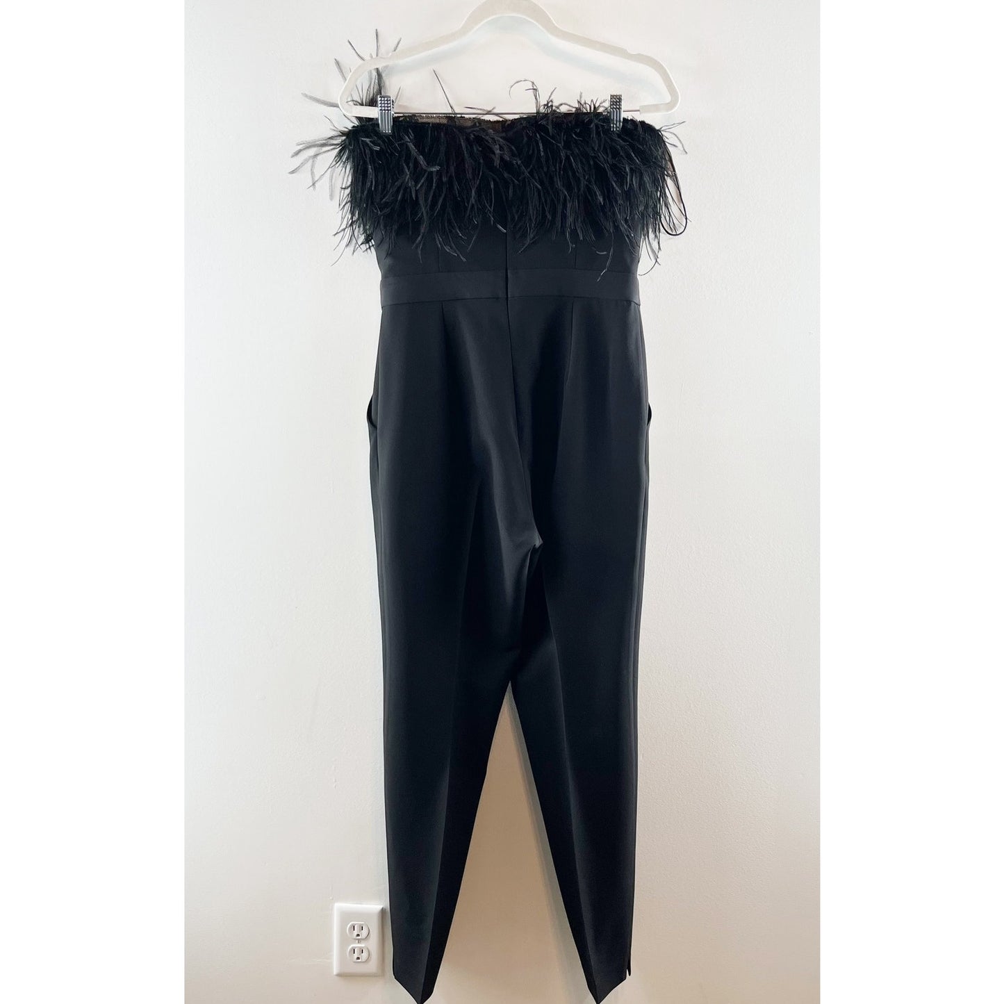 Saylor Janae Straight-Leg Strapless Jumpsuit with Feather Trim Black Medium