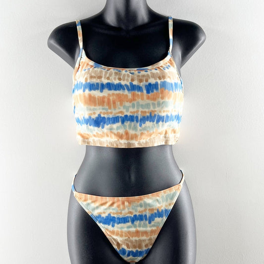 Levitate Longline Tie Dye Two Piece High Cut Bikini White Orange Blue Large