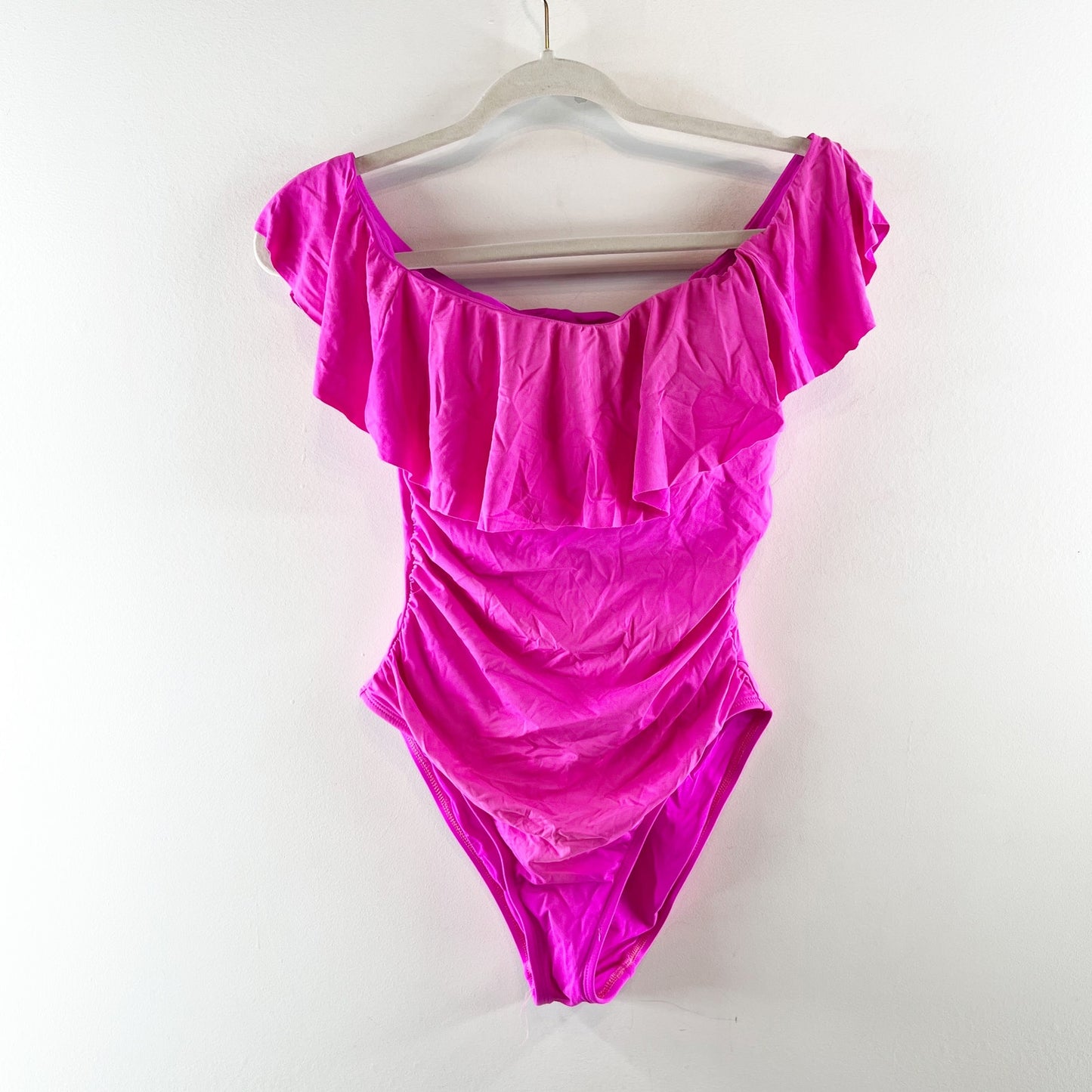 La Blanca Island Goddess Ruffle Off-Shoulder One Piece Swimsuit Hot Pink 6