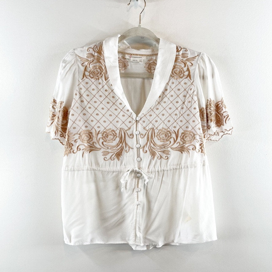 Anthropologie Kathryn Embroidered Short Sleeve Blouse Top White US 2