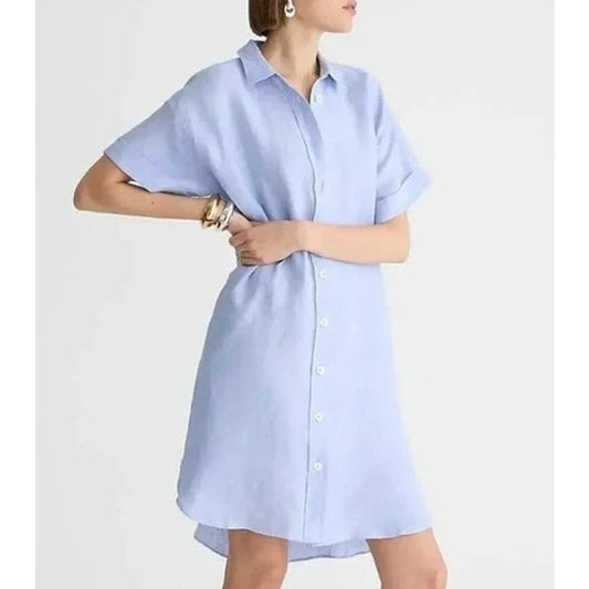 J. Crew Capitaine Linen Short Sleeve Mini Shirt Dress Blue Small