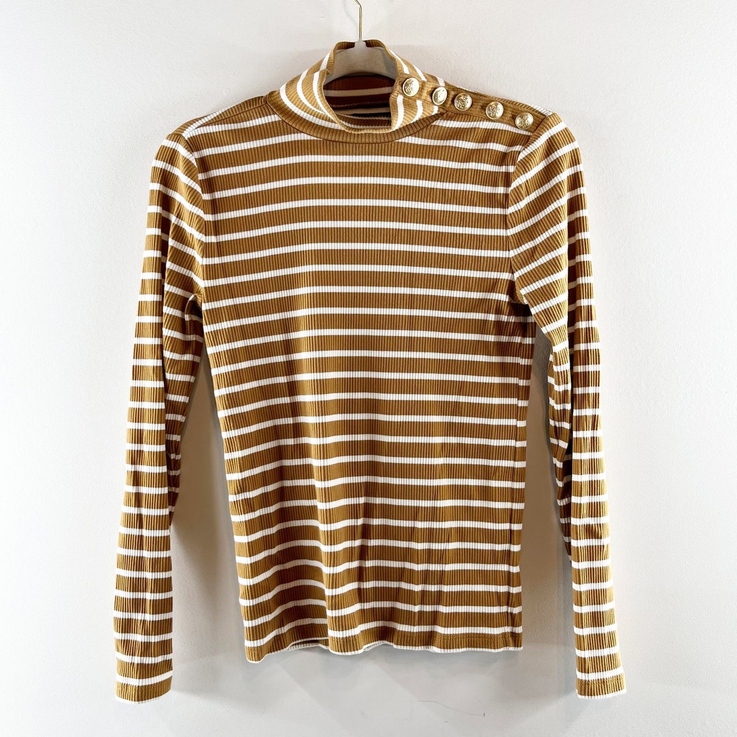 J. Crew Vintage Rib Turtleneck Striped Long Sleeve with Gold Buttons Yellow