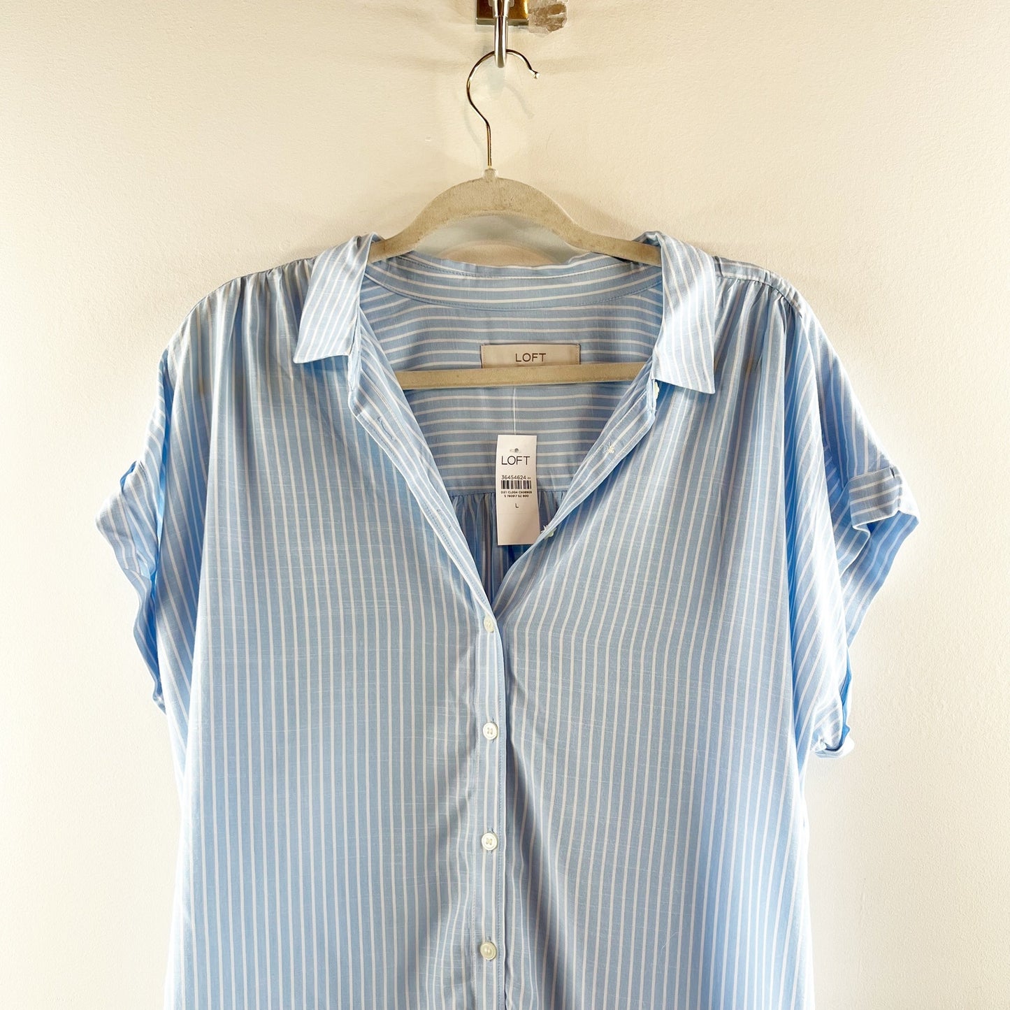 LOFT Striped Dolman Short Sleeve Button Up Shirt Blue Large