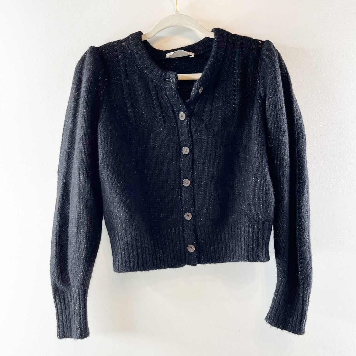 Everlane Pointelle Cloud Puff Long Sleeve Cardigan Sweater Wool Blend Black S