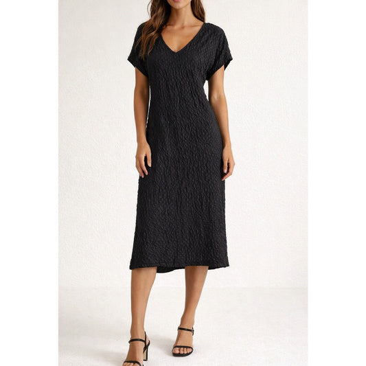 Luna Luz Short Sleeve Textured V Neck Linen Blend Midi Dress Black XL