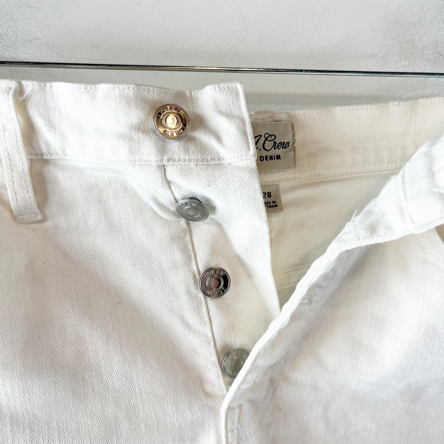 J. Crew High-Rise Raw Hem Stretch Denim Button Fly Jean Shorts Cream 28